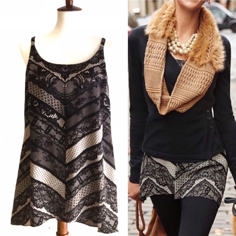CABI 3278 Monaco Tunic Cami Lace Print Top Black Sz Medium